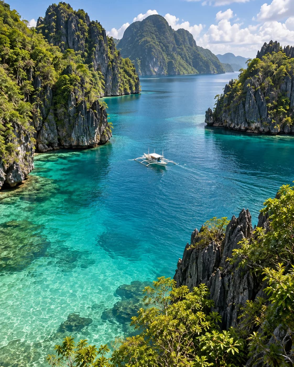 Travel illustration of a turquoise lagoon framed by lush limestone cliffs